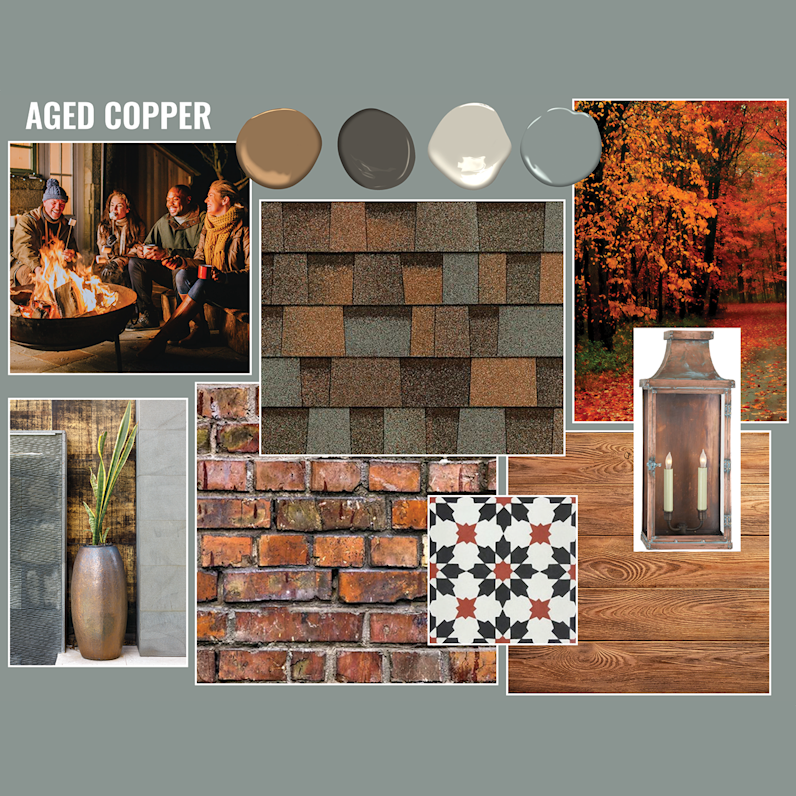A composite image of design elements including brown and grey shades of paint in puddles, red-brown brick, wood flooring, geometric tiles with brown and black details, a fire pit, Aged Copper roofing shingles, and fall foliage.