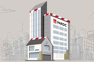 eilė pastatų siluetų, iš kurių trys balti, su baltai/raudonomis juostomis ant stogų ir užrašu "paroc"