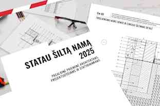 Ant brėžinių fono padėtas katalogas „Statau šiltą namą 2025“ ir vienas katalogo brėžinys