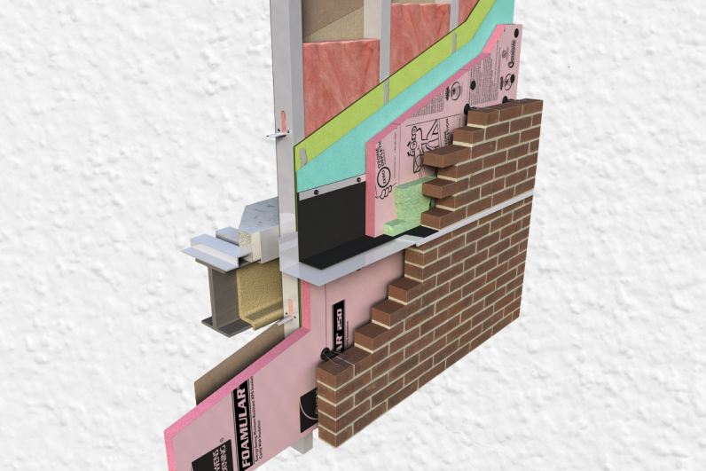 Cutaway of a wall enclosure, featuring Owens Corning FOAMULAR and Fiberglass insulation, Brick facade and Steel studs.