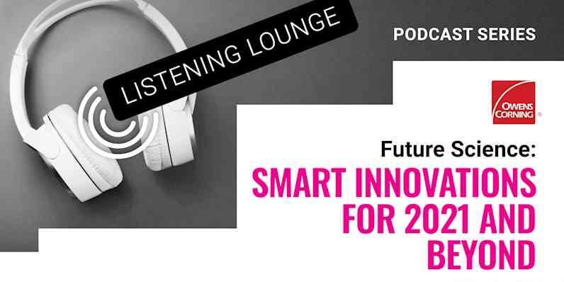 Podcast branding around the future of building science featuring a white headset