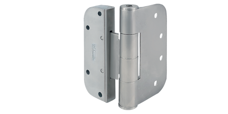 Heavy-duty floor spring mechanism for glass doors, shown in stainless steel and black finishes, designed for modern architectural hardware installations.