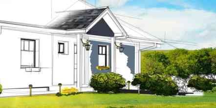 Drawing of the exterior of a house set against a photo background with green grass and bright blue sky with clouds