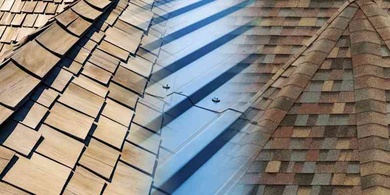 Montage image showing different shingle materials, including asphalt and metal
