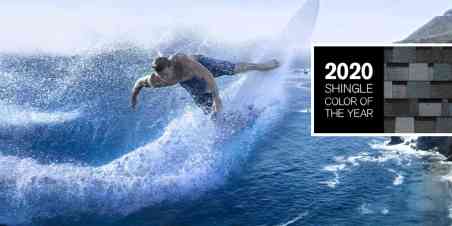 Montage image of a surfer riding a wave with 2020 Shingle Color of the Year, Pacific Wave, layered over top