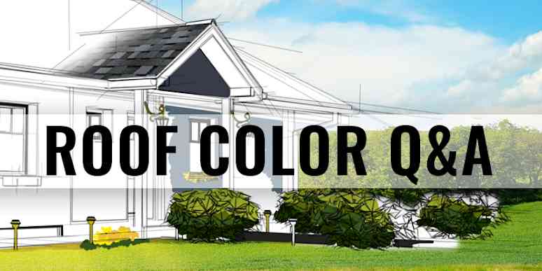 Illustration of a house with the text "Roof Color Q&A" layered over top of the graphic