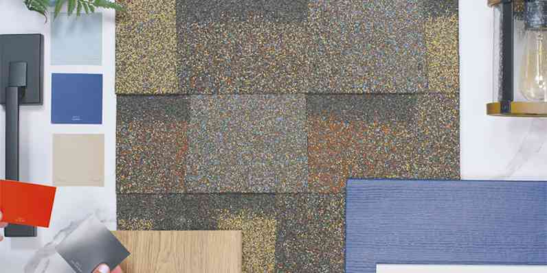 Mood board of home exterior elements including shingle sample, paint swatches, outdoor lighting fixture