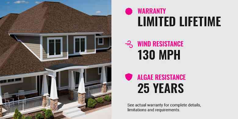 Home exterior with text stating Limited Lifetime Warranty, 130 MPH wind resistance, 25-Year algae resistance