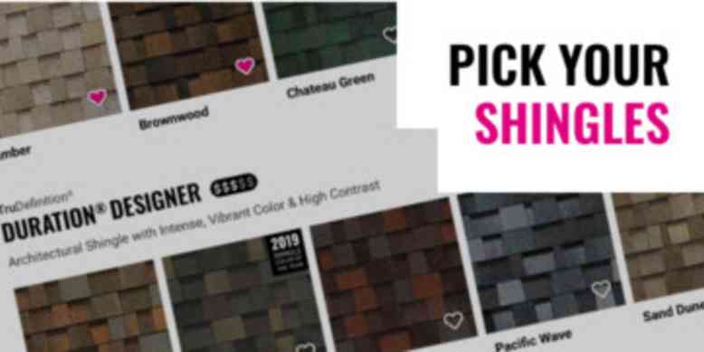 Screenshot of Owens Corning Pick Your Shingles web page with text "Pick Your Shingles" in top right corner