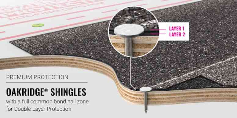 Illustration depicting a nail going through a double-layer Oakridge Shingle