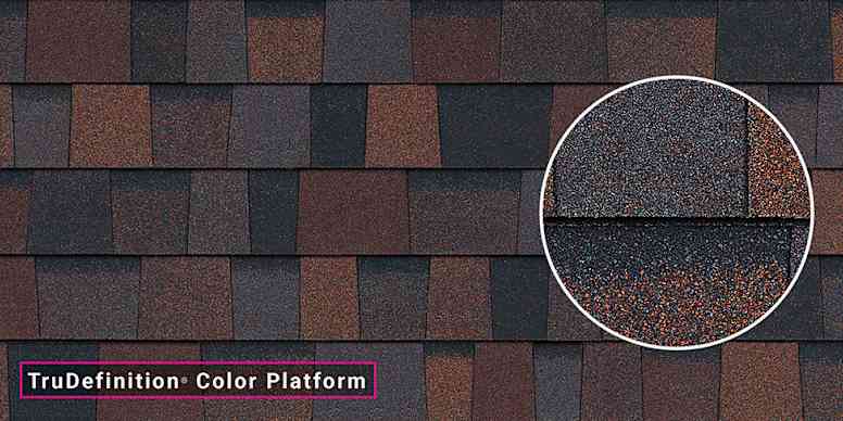 Closeup of a shingle sample highlighting color granules