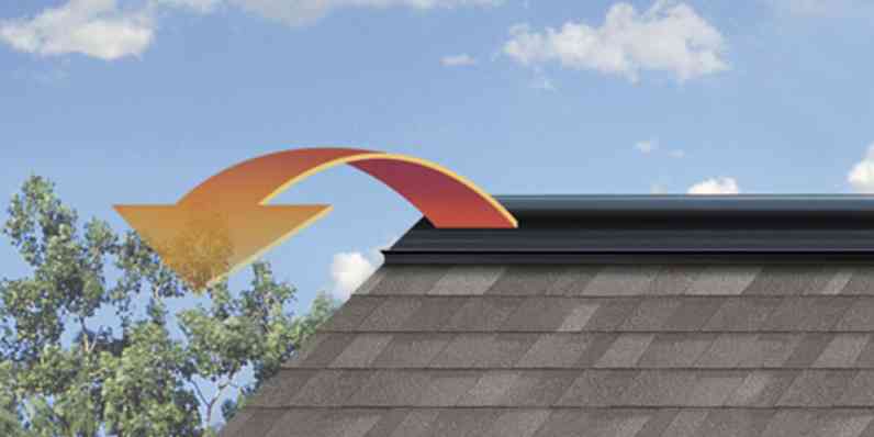 Illustration of a roofing ridge vent showing hot air escaping from the roof.