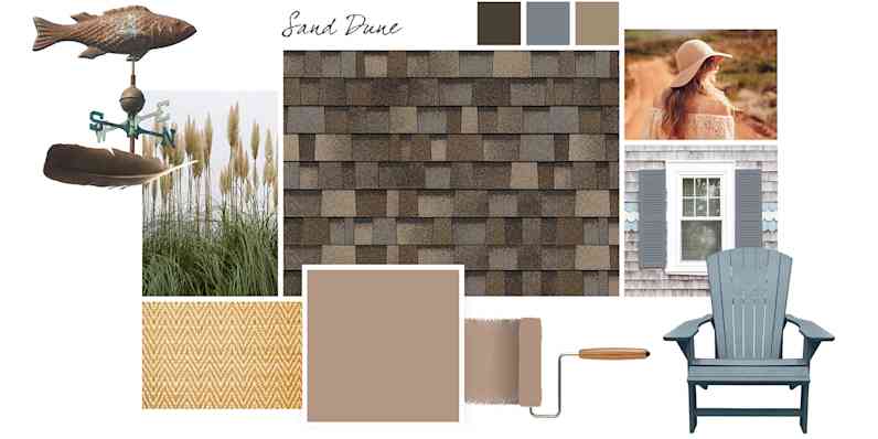 Style board featuring Sand Dune brown-toned shingle swatch, tan paint, tall grass, and dusty blue accents