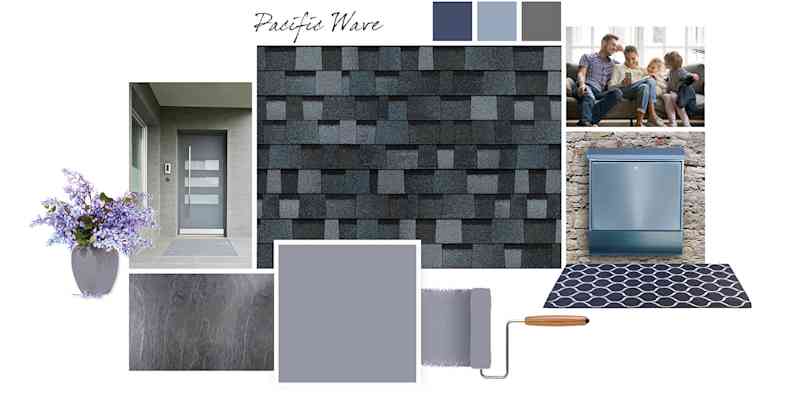 Style board featuring Pacific Wave blue-toned shingle swatch, blue-grey paint, blue and grey accent pieces