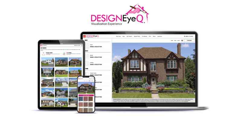 computadora portátil, tableta y teléfono con el sitio de diseño eyeq mostrado en ellos