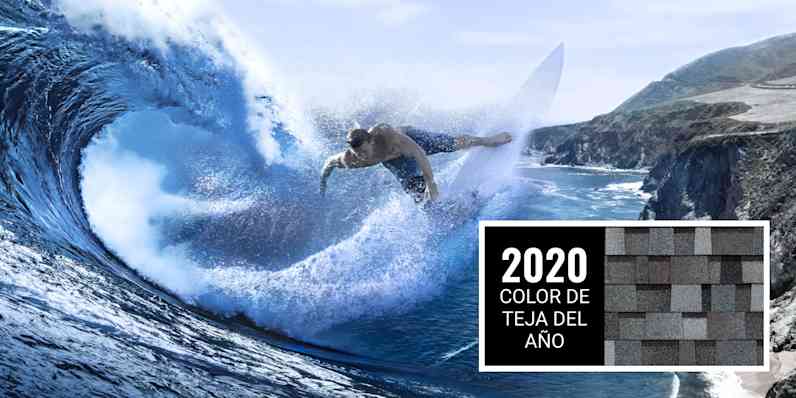 Hombre surfeando en una ola que se curva, superpuesto sobre una costa rocosa que da paso a aguas azules con olas de crestas blancas.