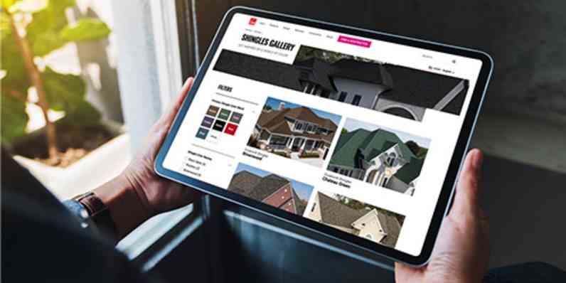Person holding a tablet displaying the Owens Corning shingle image gallery