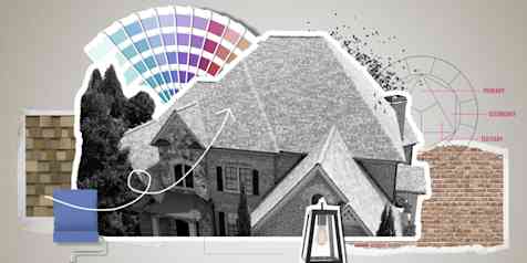 Cut outs of a greyed out house, paint chip samples, tan brick, and shingle swatches