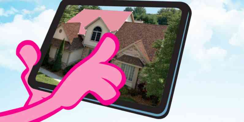 The Pink Panther's hands using an iPad showing Design EyeQ to browse shingle colors.