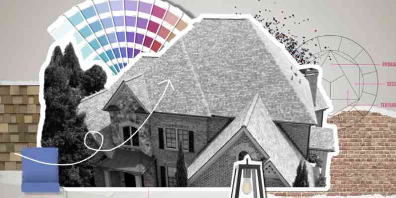 A home with swatches of the the shingle color, paint colors and brick colors.