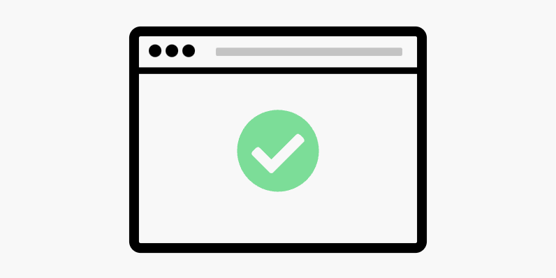 Gráfico de un navegador web con un círculo verde con una marca de verificación en el centro de la imagen