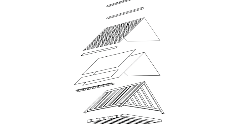 A house with layers of the roof cut away to reveal the product components that make up a roof.