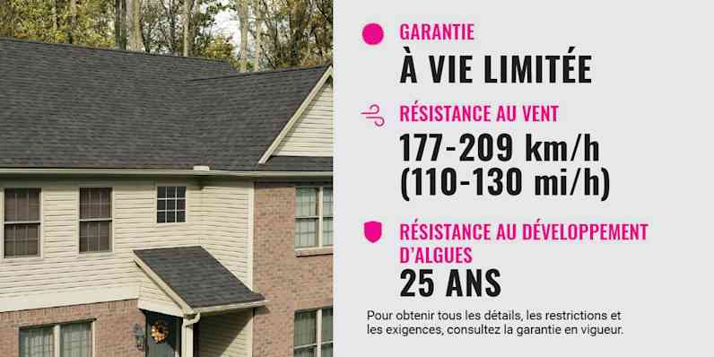 Extérieur de la maison avec un texte indiquant Garantie à Vie Limitée, Résistance au vent de 177-209 KM/H (110/130 MPH), Résistance aux algues de 25 ans