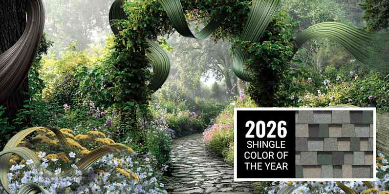 Montage image of a stone walking path surrounded by trees and wildflowers set against the 2026 Shingle Color of the Year Evergreen Mist.