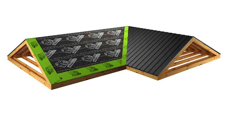 Rendering of roof deck with RhinoRoof® High-Temp and RhinoRoof® U20 under metal roof.
