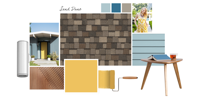 Sand Dune Duration Designer shingle swatch with montages of exterior home elements and Overjoy Sherwin Williams paint color.