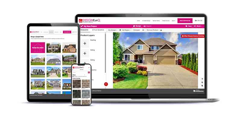 Laptop, tablet, and mobile devices displaying the Owens Corning DesignEye Q Roof Visualization tool.