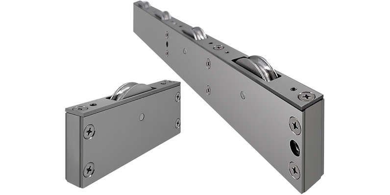 High-performance stainless steel sliding door roller assembly with precision ball-bearing wheels, shown in single and double-wheel configurations.