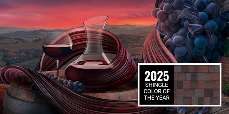Montage image of rolling hills in the background with grapes, a wine glass and decanter sitting on a barrel in the foreground set against the 2025 Shingle Color of the Year Merlot.