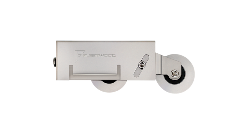 Fleetwood stainless steel sliding door roller assembly with dual precision wheels and engraved brand logo.