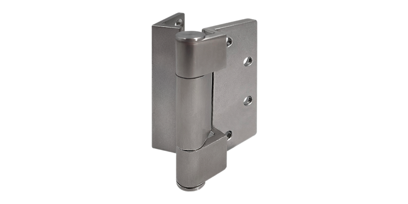 Close-up of modern stainless steel butt hinge for the Fleetwood 450-T window.