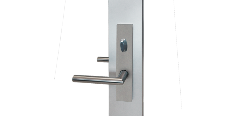 Stainless steel L-shaped door handle with a sharp corner and faceplate with oval lock knob for Fleetwood's 3900-T hinge door.