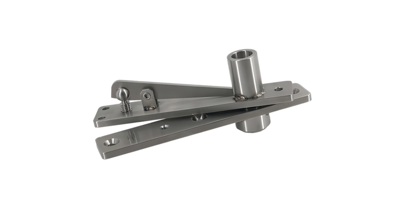 Stainless steel pivot hinge assembly for heavy-duty doors featuring precision-machined plates, integrated bearing system, and cylindrical pivot mount for smooth rotation.