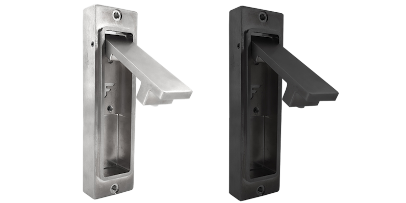 Pair of modern recessed door handles with integrated pull levers, shown in brushed stainless steel and matte black finishes.