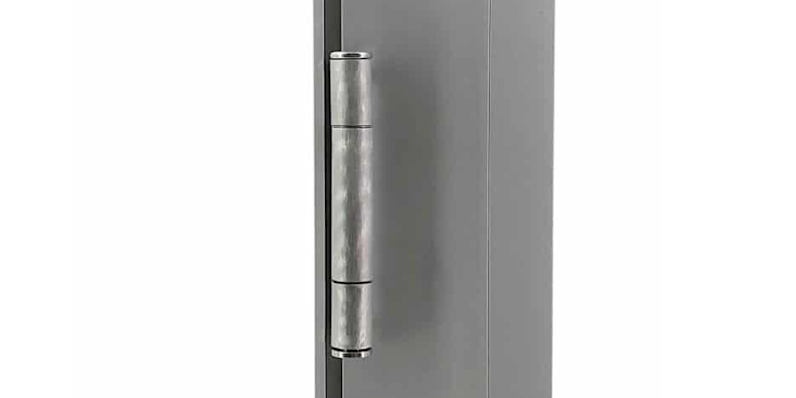 Close-up of modern stainless steel barrel hinge installed on a sleek gray aluminum door frame, showcasing precision engineering and brushed finish for high-performance architectural applications.
