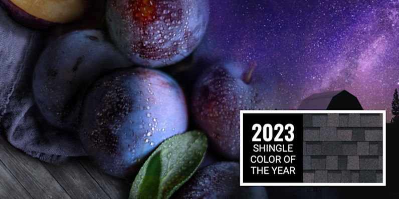 A montage of plums and a deep purple night sky featuring the 2023 shingle color of the year, Midnight Plum