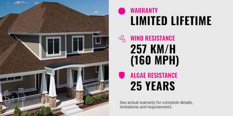Home exterior with text stating Limited Lifetime Warranty, 130 MPH wind resistance, 25-Year algae resistance