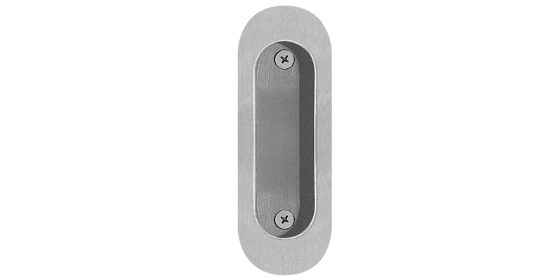 A stainless steel oval pull with smaller oval indentation for Fleetwood's 3600-T folding door