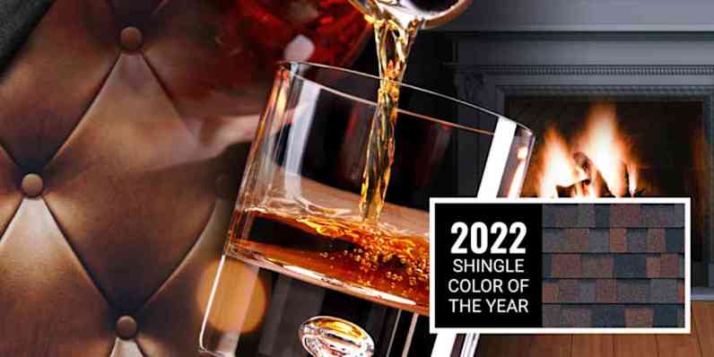 A montage of bourbon being poured into a rocks glass, near to a leather chair, in front of a fireplace. Featured next to the scene is a swatch of Bourbon shingles, the 2022 Shingle Color of the Year, which have an overall color of brown that is achieved by a mix of brown, black and gray granules.