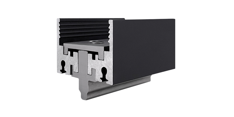 Close-up view of aluminum sliding door track system with black powder-coated finish and precision-engineered grooves for smooth operation.