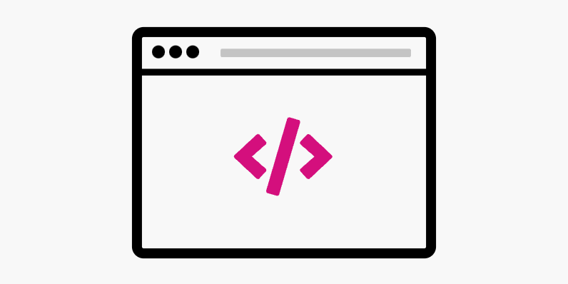 Gráfico de un navegador web con corchetes de código de color rosa en el medio de la imagen