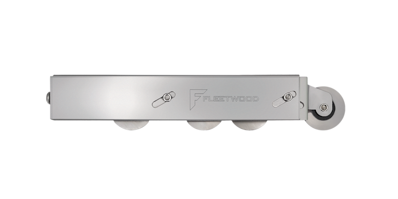 Fleetwood stainless steel sliding door roller assembly with dual precision wheels and engraved brand logo, designed for high-performance architectural hardware.