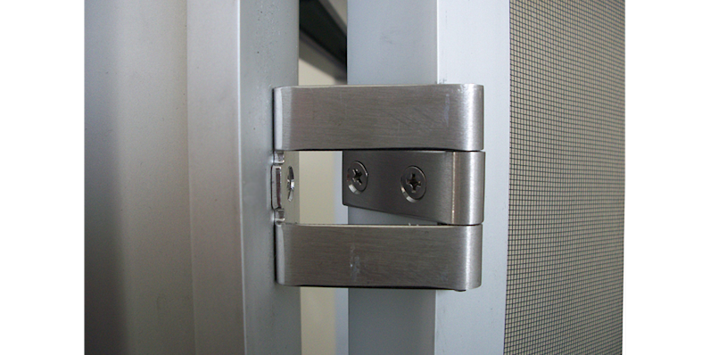 Close up of the stainless steel hinge on an operable screen for the 450-T window