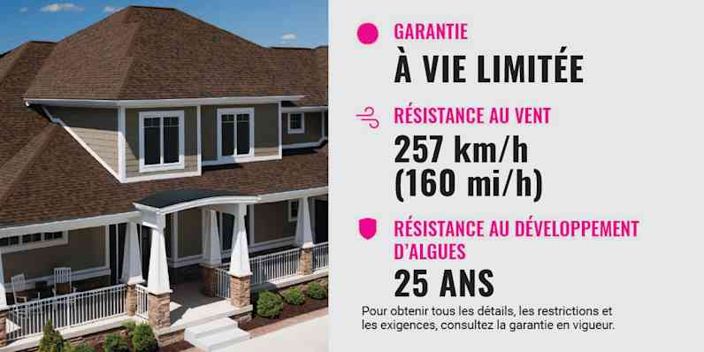 Extérieur de la maison avec texte indiquant Garantie à vie limitée, résistance au vent de 257 KM/H (160 MPH), résistance aux algues de 25 ans