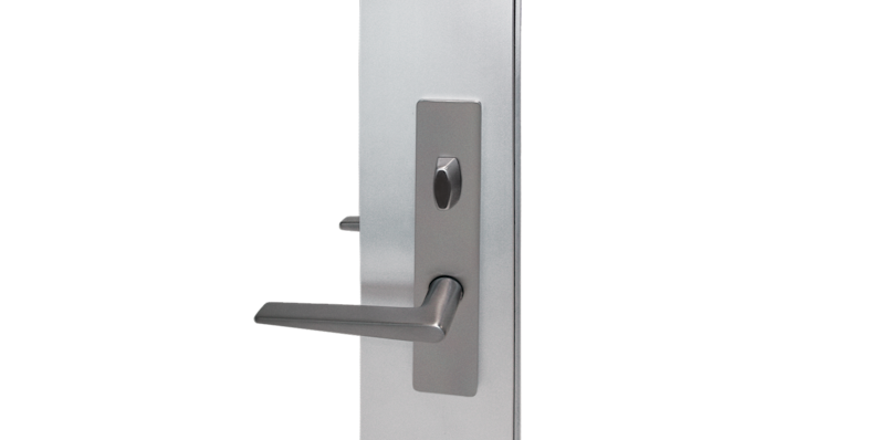 Stainless steel L-shaped door handle with a flat resting edge and oval lock knob on the faceplate, designed for Fleetwood 3900-T hinged doors.