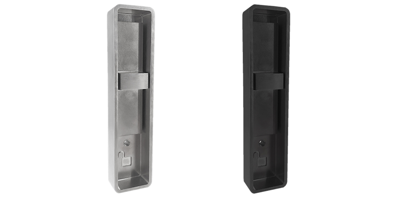 Pair of modern recessed door handles in silver and black finishes, designed for sliding glass doors with minimalist rectangular shape and durable metal construction